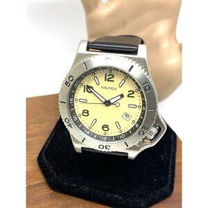 Nautica Men's Watch N10091 Quartz Beige Dial Date Black Leather Band 44mm